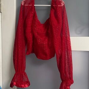 Red Sheer mesh Long Sleeve Top